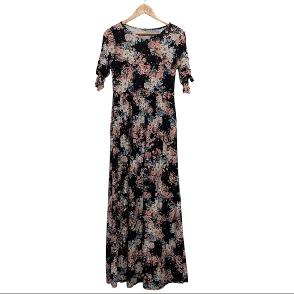 Emberley Floral‎ Maxi Dress Black Pink Rose Tie Sleeve Pockets Womens Medium